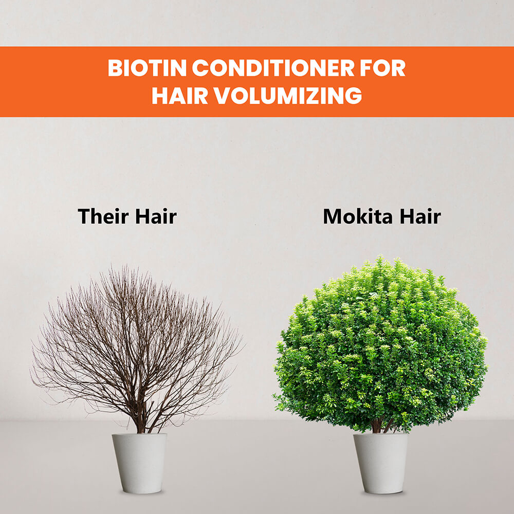 Comparison of 'Their Hair' and 'Mokita Hair' with a biotin conditioner for hair volumizing text.