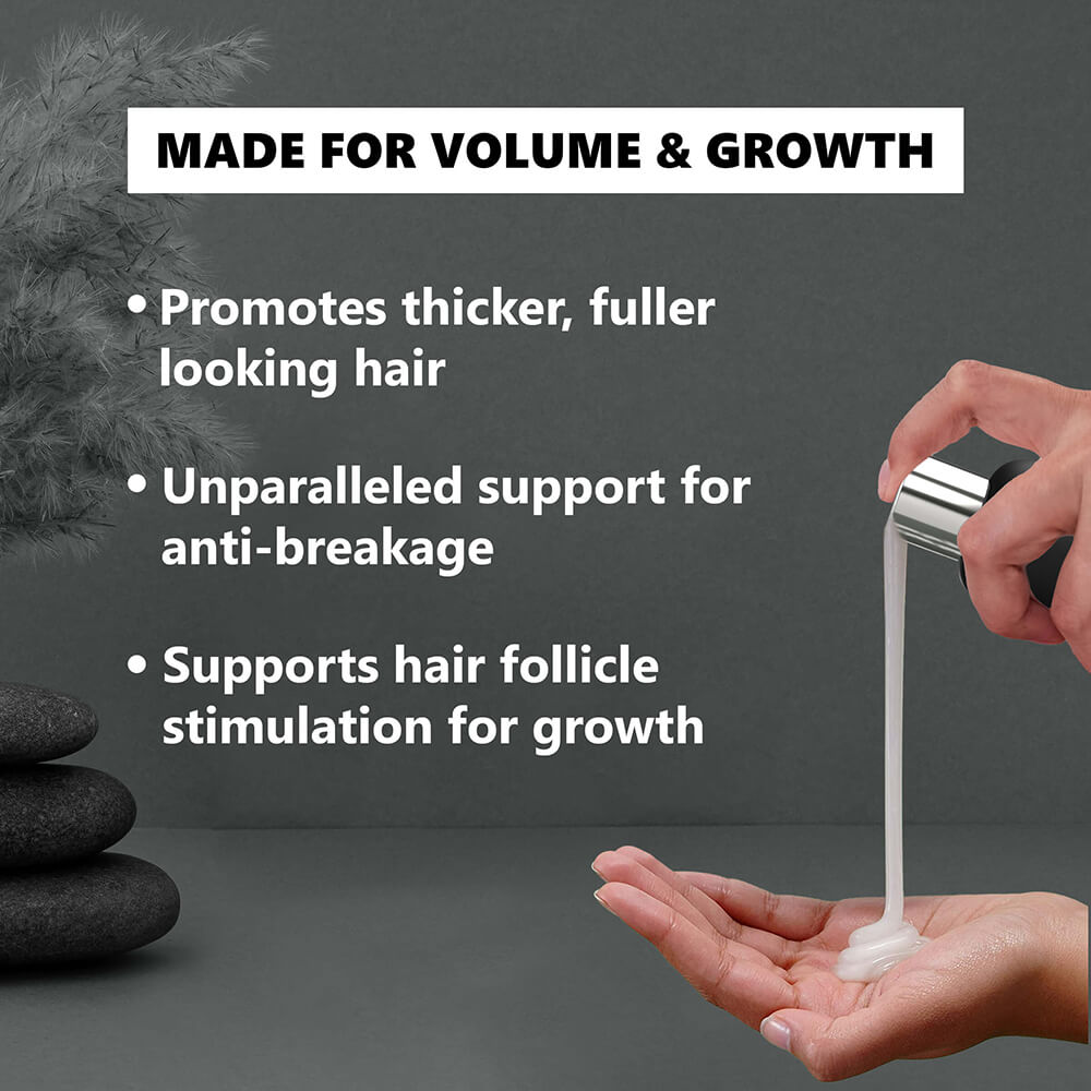 Product being dispensed onto a hand with text about hair care benefits on a dark background