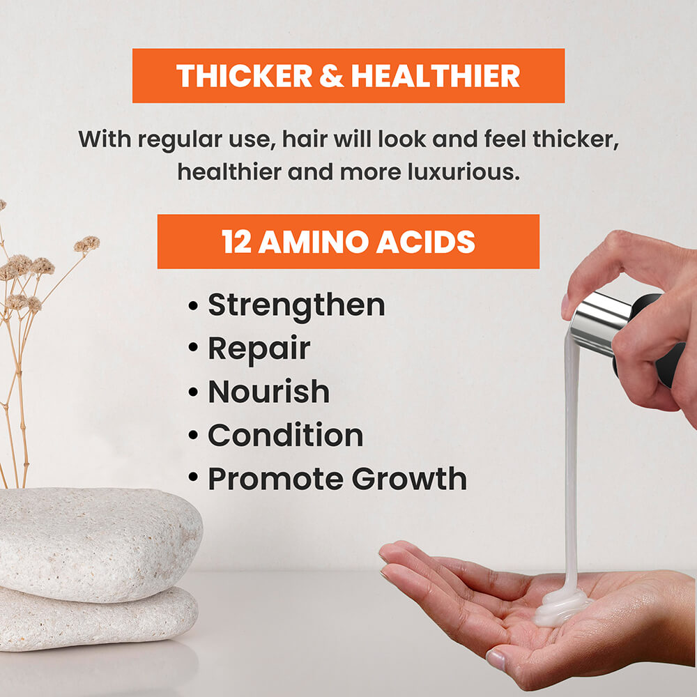 Product being dispensed into a hand with text about amino acids and hair benefits on a light background.
