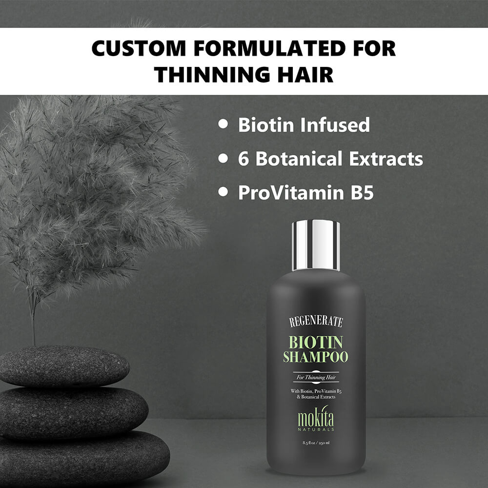 Biotin-infused shampoo bottle with botanical extracts and ProVitamin B5 on a gray background.