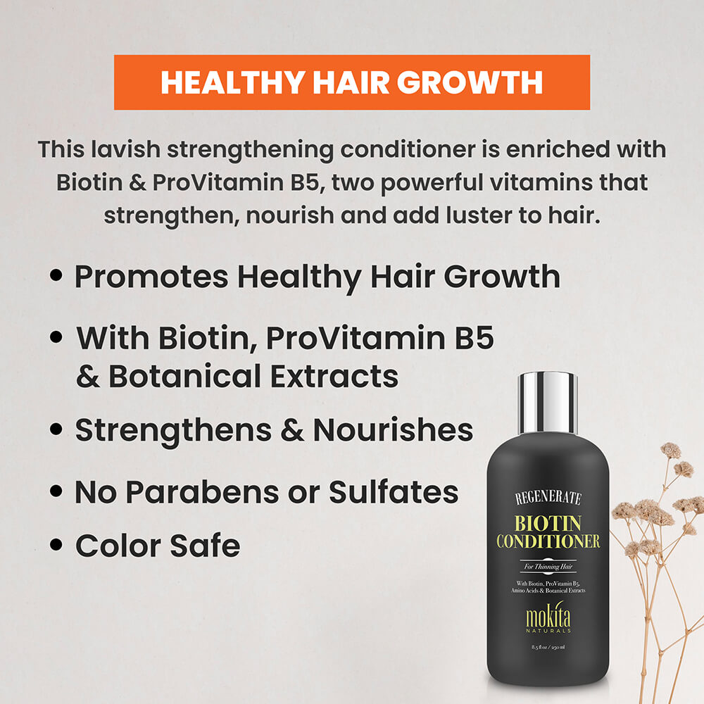 Biotin and ProVitamin B5 hair conditioner with promotional text on a light gray background