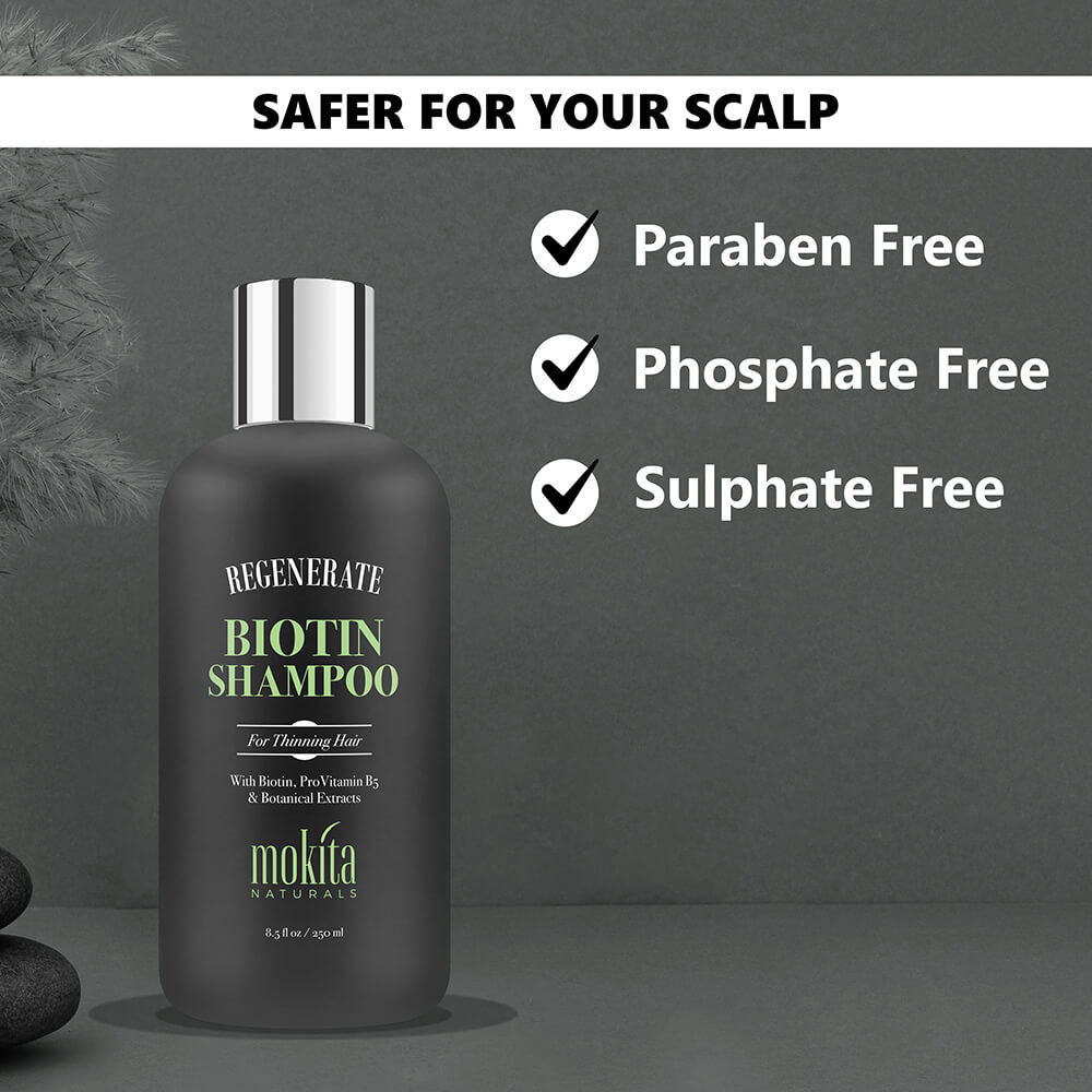 Biotin shampoo bottle with safety features text on a gray background