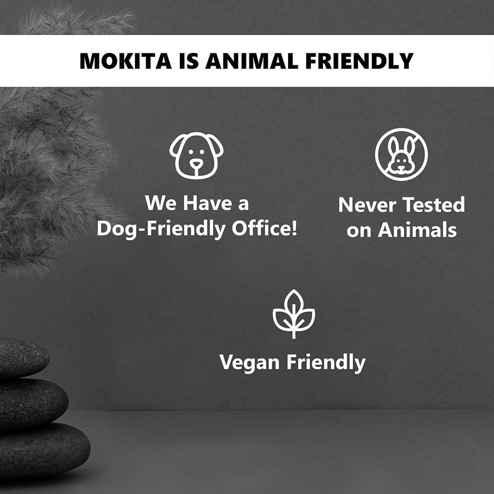 Mokita brand claims about animal friendliness with icons and text on a dark background.