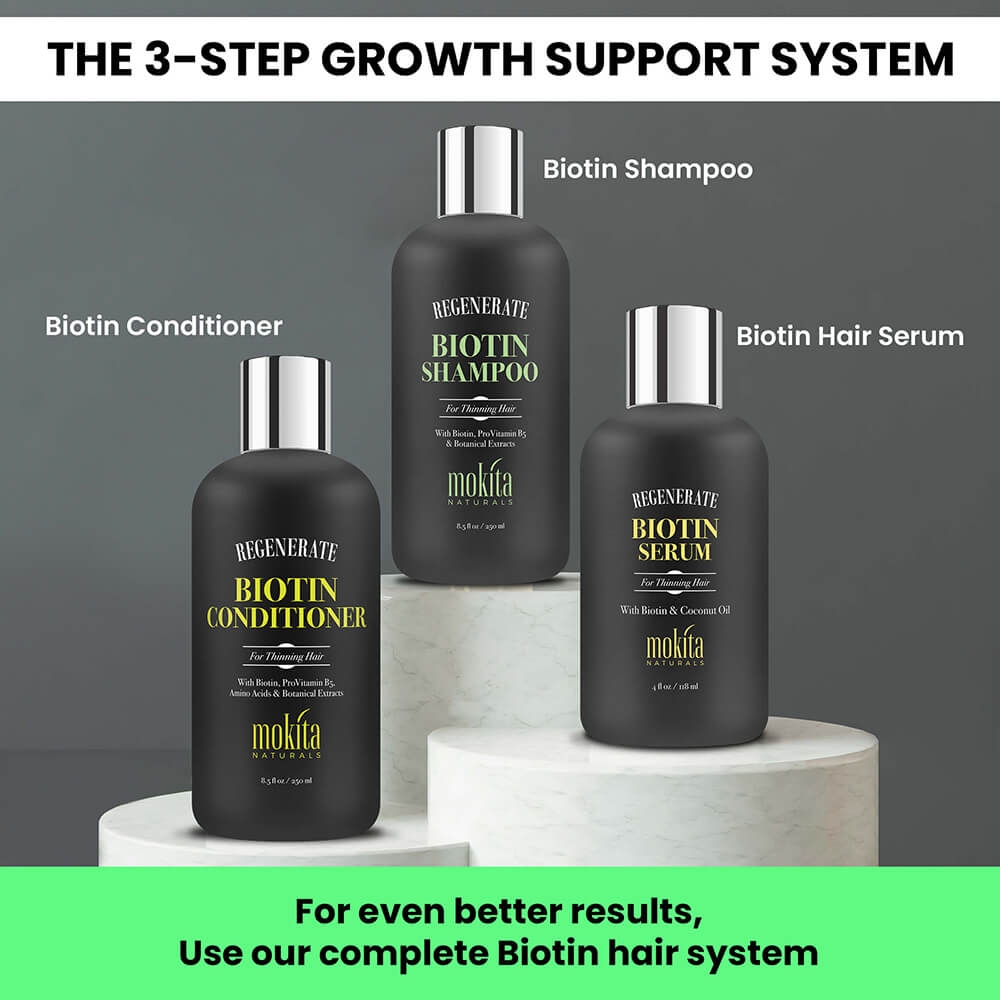 Biotin hair care products including shampoo, conditioner, and serum on a gray background.