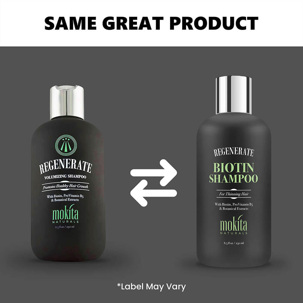 Two bottles of Mokita Naturals shampoo with a label swap graphic on a gray background.