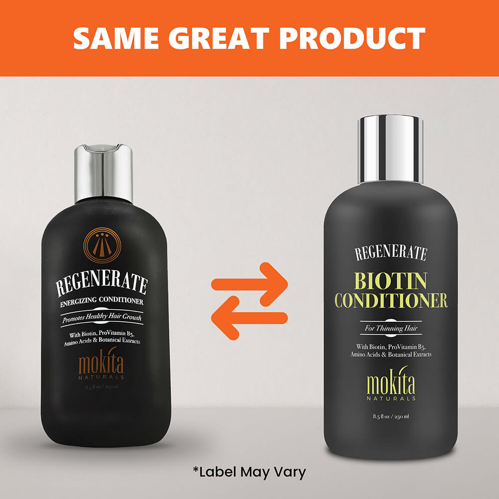 Two bottles of 'Regenerate' conditioner with an orange arrow between them on a gray background.