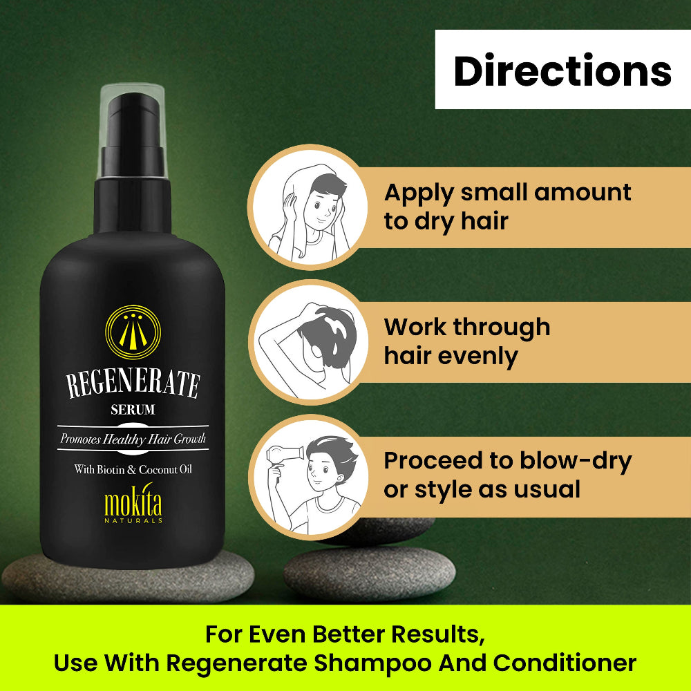 Regenerate serum bottle with usage instructions on a green background