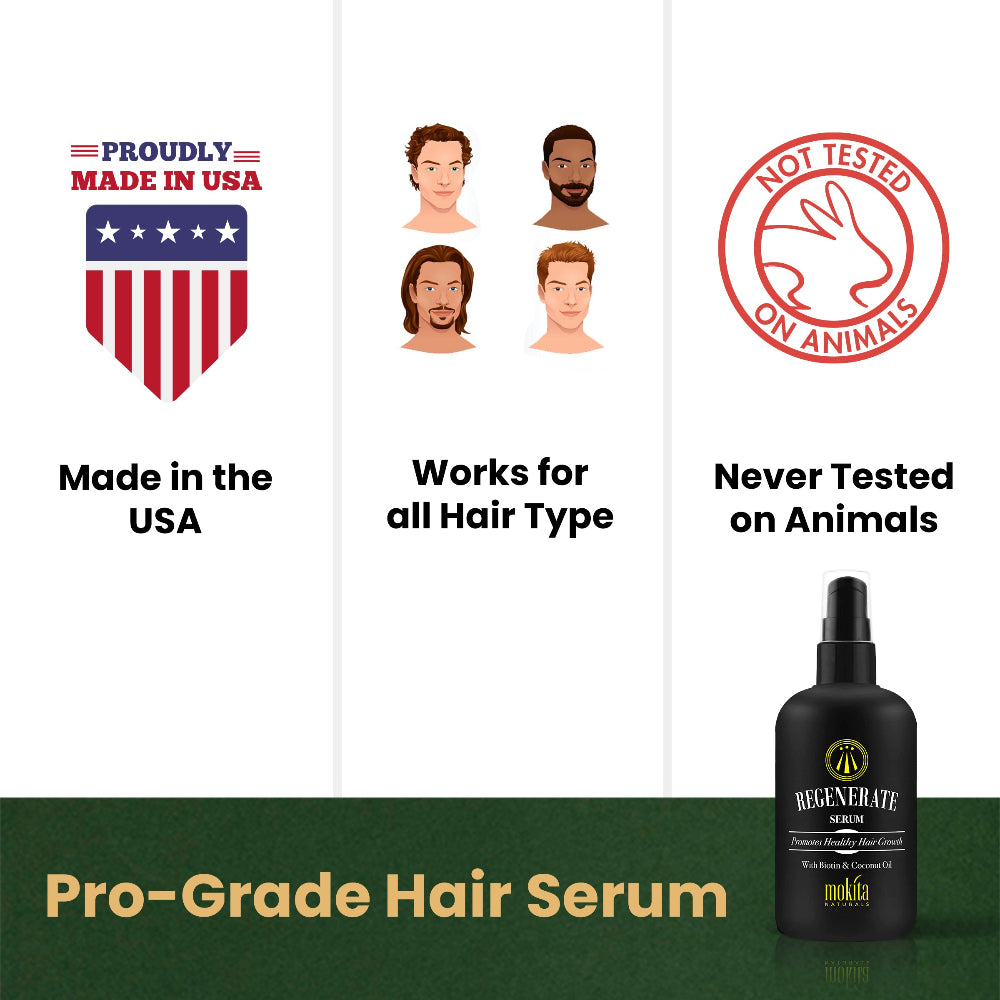 Hair serum product with branding and certification logos on a white background