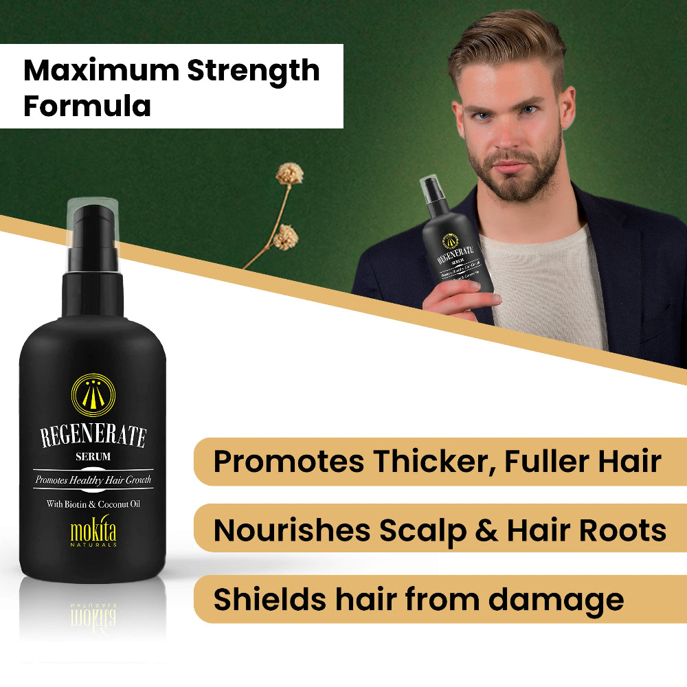 Hair serum product with promotional text and a man holding the bottle against a green background