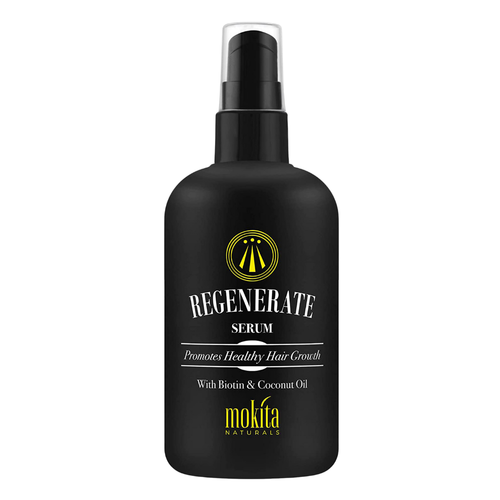 Black serum bottle labeled 'Regenerate Serum' by Mokita Naturals on a white background