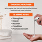 Product being dispensed into a hand with text about amino acids and hair benefits on a light background.