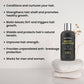 Biotin conditioner bottle on stones with text about hair benefits