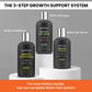 Three bottles of Mokfa Naturals hair care products on a gray background with text about a 3-step growth support system.