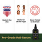 Hair serum product with branding and certification logos on a white background