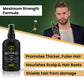 Hair serum product with promotional text and a man holding the bottle against a green background