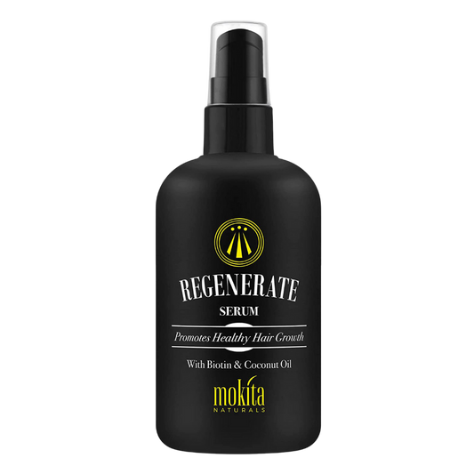 Black serum bottle labeled 'Regenerate Serum' by Mokita Naturals on a white background